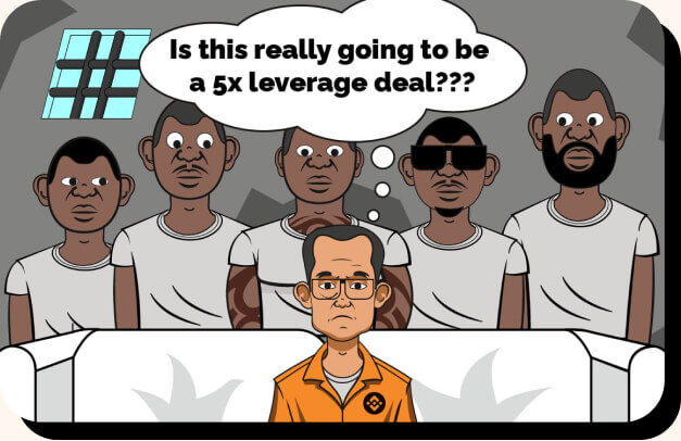 Five men in white t-shirts look at another man who sits on a sofa. He is embarassed. He wears an orange suit with Binance logo on a badge and eyeglasses. He thinks: 'Is this really going to be a 5x leverage deal???'